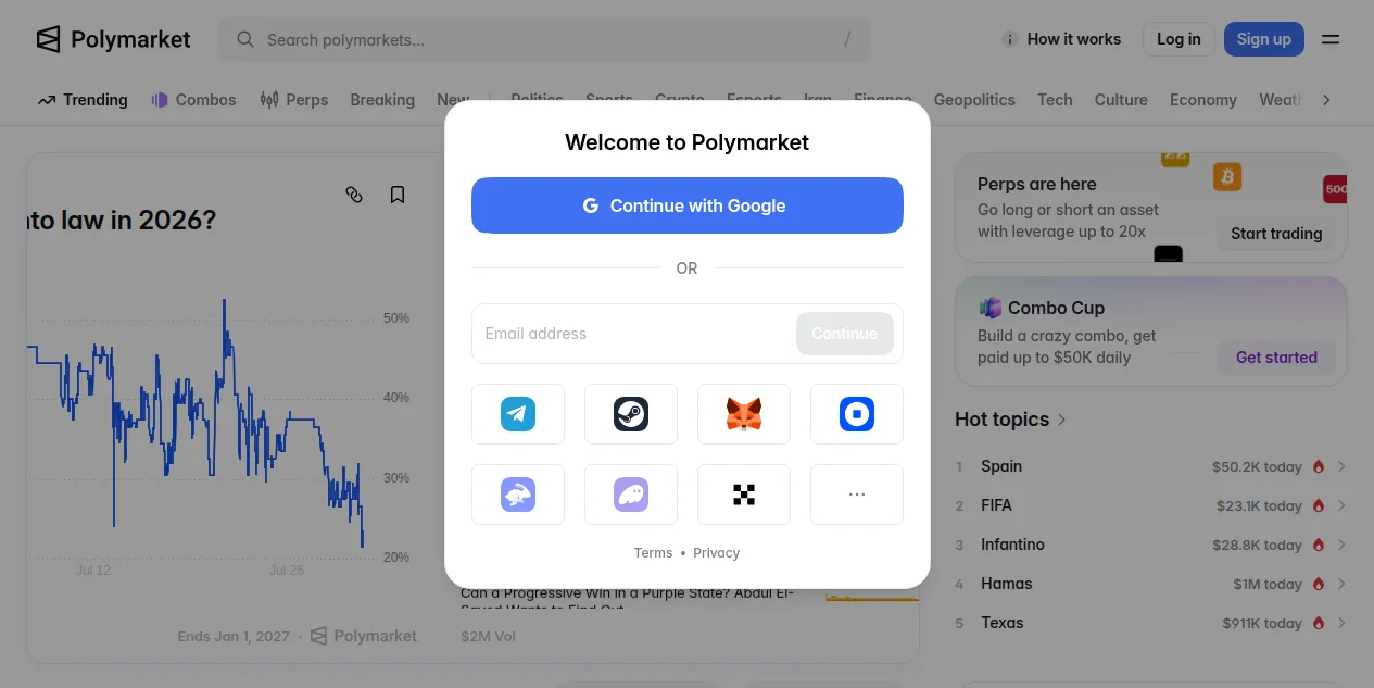 Polymarket Sign Up window showing Google, email and wallet-provider account options.