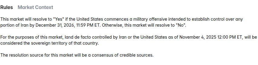 Public Polymarket market page showing the Rules tab and the text that defines the market’s resolution conditions.